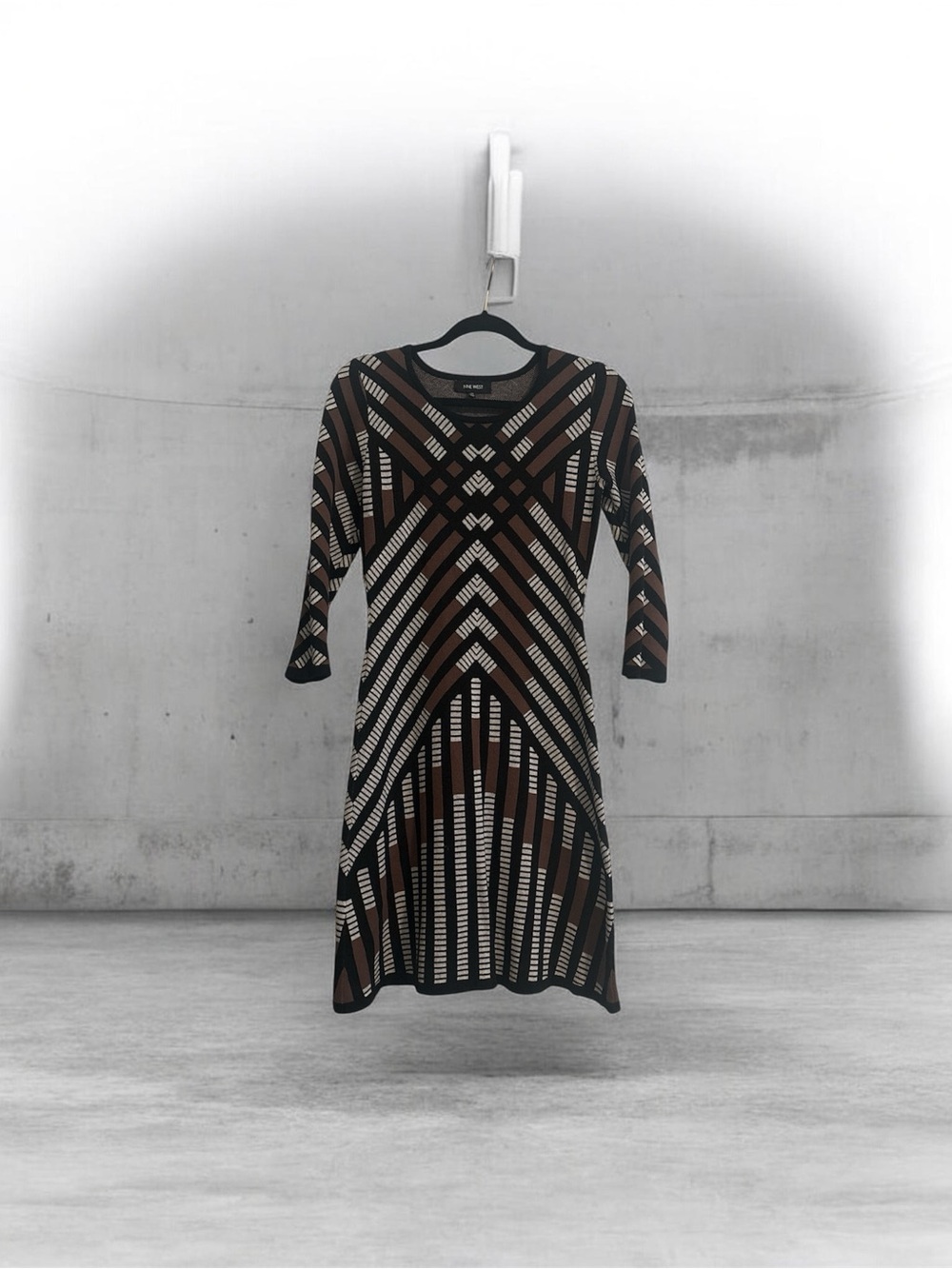 Nine West Brown & Black Geometric Long-Sleeve Dress